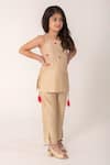 Partykles_Beige Chanderi Beads, Sequins, Fabric Flowers Hand Work Strappy Kurta And Pant Set _at_Aza_Fashions