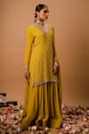 Ria Shah Label_Yellow Georgette Sequins, Pearls, Mirrors, Embroidery, Zari Kurta Sharara Set _Online_at_Aza_Fashions