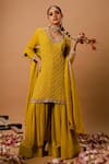 Buy_Ria Shah Label_Yellow Georgette Sequins, Pearls, Mirrors, Embroidery, Zari Kurta Sharara Set _at_Aza_Fashions