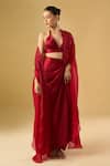 Buy_Ritika Arya Jain_Red Satin High Neck, Halter Neck, Embroidered Cape Skirt Set 