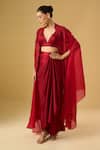 Buy_Ritika Arya Jain_Red Satin High Neck, Halter Neck, Embroidered Cape Skirt Set _at_Aza_Fashions