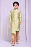 Buy_Petite Pomme_Green Jacquard, Silk Geometric Pattern Sherwani With Churidar _Online_at_Aza_Fashions