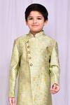 Shop_Petite Pomme_Green Jacquard, Silk Geometric Pattern Sherwani With Churidar _Online_at_Aza_Fashions