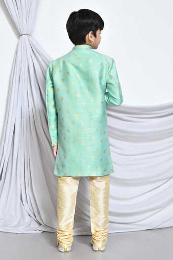 Shop_Petite Pomme_Green Jacquard Embroidery Leaf Vine Butti Pattern Sherwani _at_Aza_Fashions