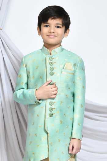 Petite Pomme_Green Jacquard Embroidery Leaf Vine Butti Pattern Sherwani _Online_at_Aza_Fashions