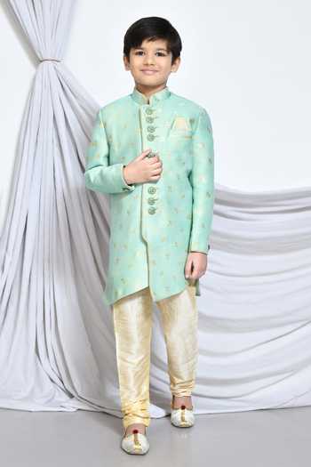 Buy_Petite Pomme_Green Jacquard Embroidery Leaf Vine Butti Pattern Sherwani _Online_at_Aza_Fashions