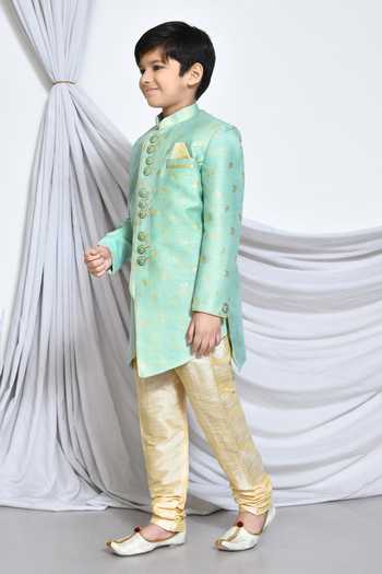 Shop_Petite Pomme_Green Jacquard Embroidery Leaf Vine Butti Pattern Sherwani _Online_at_Aza_Fashions