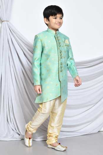 Petite Pomme_Green Jacquard Embroidery Leaf Vine Butti Pattern Sherwani _at_Aza_Fashions