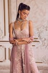 Label Sanya Gulati_Pink Silk Organza, Net Embroidery, Zari, Pearls, Floral Peplum Top Palazzo Set _Online_at_Aza_Fashions