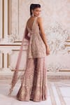 Shop_Label Sanya Gulati_Pink Silk Organza, Net Embroidery, Zari, Pearls, Floral Peplum Top Palazzo Set _at_Aza_Fashions
