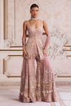 Shop_Label Sanya Gulati_Pink Silk Organza, Net Embroidery, Zari, Pearls, Floral Peplum Top Palazzo Set _Online_at_Aza_Fashions