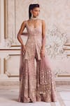 Buy_Label Sanya Gulati_Pink Silk Organza, Net Embroidery, Zari, Pearls, Floral Peplum Top Palazzo Set _at_Aza_Fashions