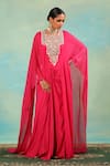 Buy_Swati Wadhwani Couture_Pink Chiffon, Crepe Zari, Pearls Round And Embroidered Kaftan & Dhoti Skirt Set _at_Aza_Fashions