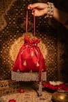 Shop_House Of Ekara_Red Zari, Beads, Pearls, Sequins, Tassels, Embroidery Surkh Potli Bag _at_Aza_Fashions