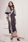 Buy_Devina Juneja_Silver Crepe, Satin Collared, Square Neck Paris Cape Jacket With Ruched Dress _at_Aza_Fashions