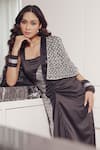 Devina Juneja_Silver Crepe, Satin Collared, Square Neck Paris Cape Jacket With Ruched Dress _Online_at_Aza_Fashions