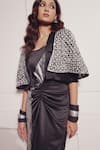 Buy_Devina Juneja_Silver Crepe, Satin Collared, Square Neck Paris Cape Jacket With Ruched Dress _Online_at_Aza_Fashions