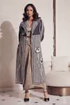 Buy_Devina Juneja_Gray Organza, Denim Applique, Metallic Thread V-neck Rosa Long Jacket _at_Aza_Fashions