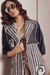 Shop_Devina Juneja_Gray Organza, Denim Applique, Metallic Thread V-neck Rosa Long Jacket _at_Aza_Fashions