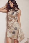 Shop Devina Juneja Gold Crepe Applique, Metallic Thread High Neck Rosa Mini Dress at Aza Fashions Shop_Devina Juneja_Gold Crepe Applique, Metallic Thread High Neck Rosa Mini Dress _at_Aza_Fashions