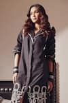 Shop_Devina Juneja_Black Denim Applique, Metallic Thread Collared, V-neck Evelyn Shirt Dress _at_Aza_Fashions