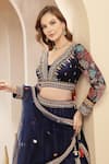 Buy_Soniya G_Navy Silk, Net Embroidery, Sequins, Tassels V-neck Floral Lehenga Set With _Online_at_Aza_Fashions