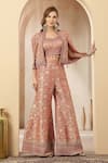 Shop_Soniya G_Rose Gold Jacquard, Silk Zari, Gulnaar Brocade Motif Jacket Palazzo Set _Online_at_Aza_Fashions