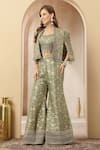 Shop_Soniya G_Green Jacquard, Silk Embroidery, Zari, Zarreen Brocade Jacket Palazzo Set _Online_at_Aza_Fashions