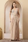 Soniya G_Beige Tissue, Net Sequins, Suroor Embellished Corset With Pre-draped Saree _Online_at_Aza_Fashions