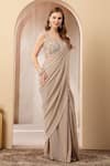Buy_Soniya G_Beige Tissue, Net Sequins, Beads, Afroza Pre-draped Saree With Blouse _Online_at_Aza_Fashions