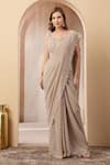 Soniya G_Beige Tissue, Net Sequins, Beads, Afroza Pre-draped Saree With Blouse _at_Aza_Fashions