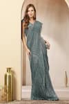Buy_Soniya G_Teal Net Sequins, Sitara Shimmer Georgette Pre-draped Saree With Blouse _at_Aza_Fashions