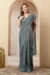 Buy_Soniya G_Teal Net Sequins, Sitara Shimmer Georgette Pre-draped Saree With Blouse _Online_at_Aza_Fashions