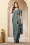 Soniya G_Teal Net Sequins, Sitara Shimmer Georgette Pre-draped Saree With Blouse _at_Aza_Fashions