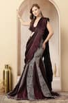 Buy_Soniya G_Wine Satin Sequins, Foil Printing, Gul-e-sham Pre-draped Saree And Blouse Set _at_Aza_Fashions