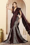 Shop_Soniya G_Wine Satin Sequins, Foil Printing, Gul-e-sham Pre-draped Saree And Blouse Set _Online_at_Aza_Fashions
