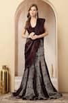 Soniya G_Wine Satin Sequins, Foil Printing, Gul-e-sham Pre-draped Saree And Blouse Set _at_Aza_Fashions
