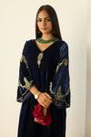 Sarang Kaur_Blue Velvet Embroidery V-neck Tarunima Kurta Set _Online