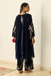 Shop_Sarang Kaur_Blue Velvet Embroidery V-neck Tarunima Kurta Set _at_Aza_Fashions
