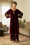 Buy_Sarang Kaur_Red Velvet, Organza, Silk Embroidery, Metallic Thread V-neck Tarunima Kurta Set _Online_at_Aza_Fashions