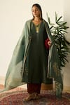 Buy_Sarang Kaur_Green Tissue, Silk, Velvet Embroidery, Piping V-neck Samridhi Kurta Set _at_Aza_Fashions