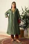 Sarang Kaur_Green Tissue, Silk, Velvet Embroidery, Piping V-neck Samridhi Kurta Set _at_Aza_Fashions