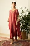 Sarang Kaur_Red Tissue, Silk Embroidery, Metallic Thread V-neck Rubaab Kaftan Set _Online_at_Aza_Fashions