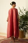 Shop_Sarang Kaur_Red Tissue, Silk Embroidery, Metallic Thread V-neck Rubaab Kaftan Set _at_Aza_Fashions