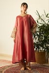 Buy_Sarang Kaur_Red Tissue, Silk Embroidery, Metallic Thread V-neck Rubaab Kaftan Set _at_Aza_Fashions