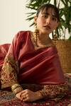 Buy_Sarang Kaur_Red Tissue, Silk Embroidery, Metallic Thread V-neck Rubaab Kaftan Set 