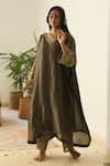 Shop_Sarang Kaur_Gray Tissue, Silk Embroidery, Sequins V-neck Grey Rubaab Kaftan Set _Online_at_Aza_Fashions