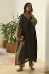Shop_Sarang Kaur_Gray Tissue, Silk Embroidery, Sequins V-neck Grey Rubaab Kaftan Set _at_Aza_Fashions