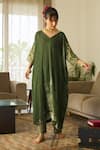 Sarang Kaur Green Velvet, Tissue, Silk Embroidery V-neck Makhmal Kaftan Set at Aza Fashions Sarang Kaur_Green Velvet, Tissue, Silk Embroidery V-neck Makhmal Kaftan Set _at_Aza_Fashions