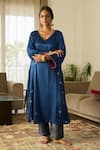 Sarang Kaur Blue Satin, Silk, Tissue Embroidery, Zari V-neck Dua Kurta Set Online at Aza Fashions Sarang Kaur_Blue Satin, Silk, Tissue Embroidery, Zari V-neck Dua Kurta Set _Online_at_Aza_Fashions